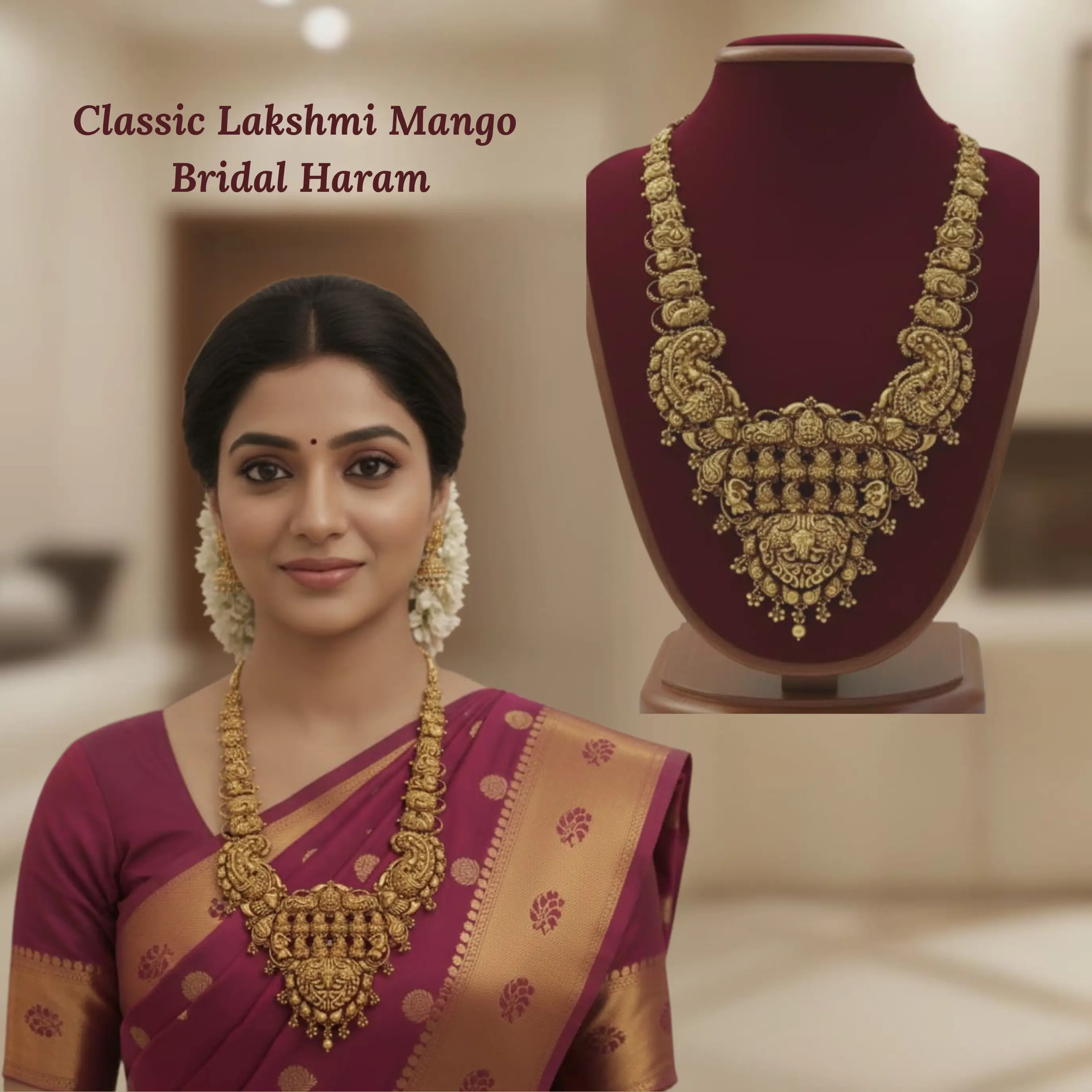 💛 Lakshmi Temple Bridal Haram – Antique Finish ✨