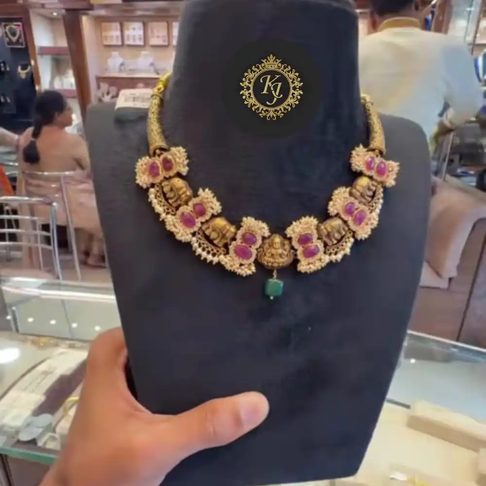 ✨ Antique Temple Gold Necklace with Ruby & Emerald Glow 💎