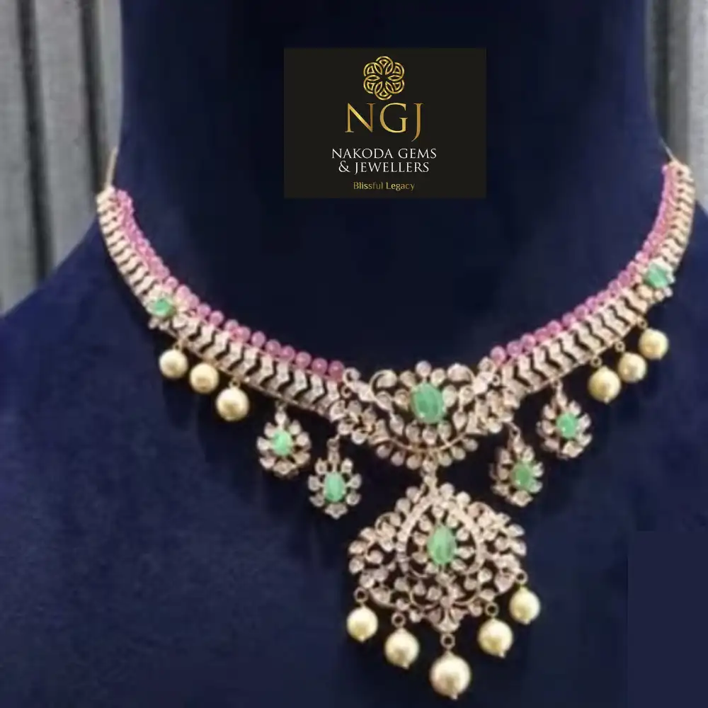 ✨ Diamond Necklace with Emerald & Pearl Drops 💎🌿