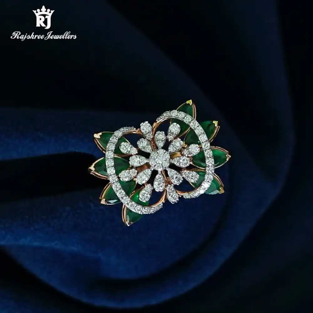 ✨ Floral Diamond Ring with Emerald Petals 🌿💎