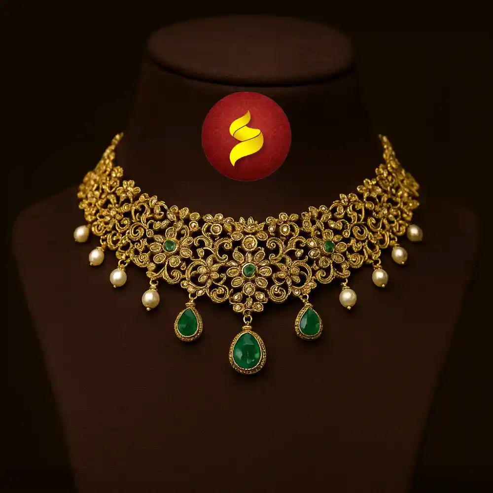 ✨ Intricate Gold Choker with Emerald Drop 💎