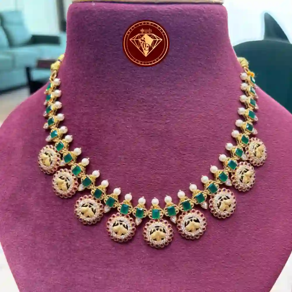 ✨ Peacock Nakshi Temple Necklace 💚 Pearls & Green Stones
