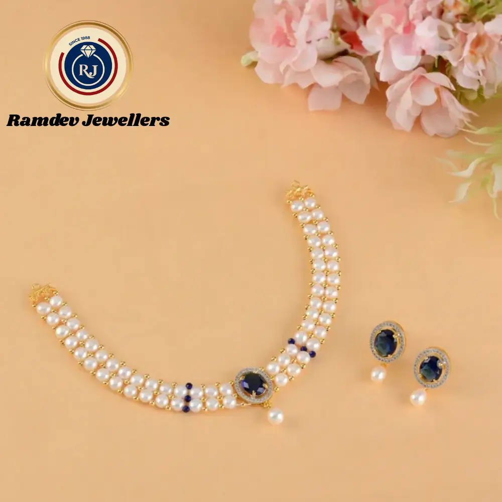 ✨ Royal Pearl Choker with Blue Gemstone Elegance 