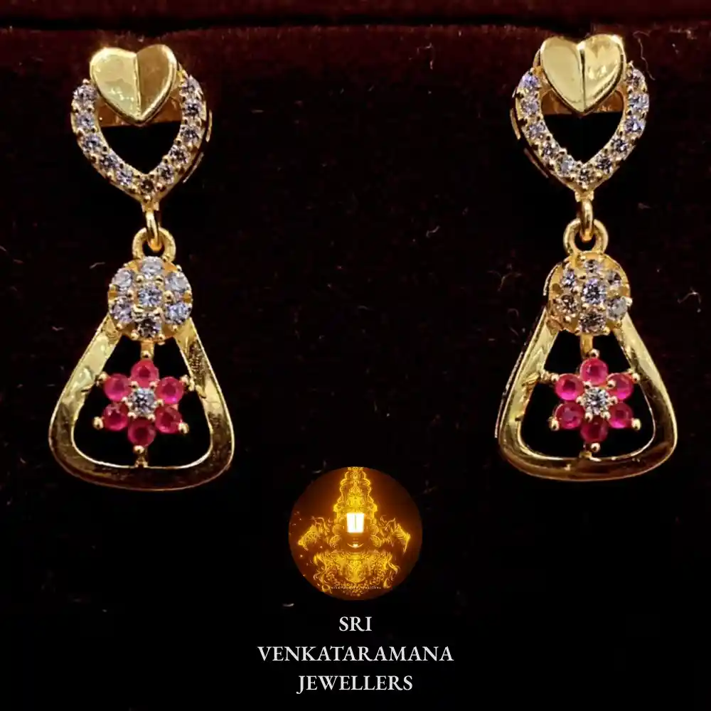 Gold Heart & Ruby Flower Drop Earrings