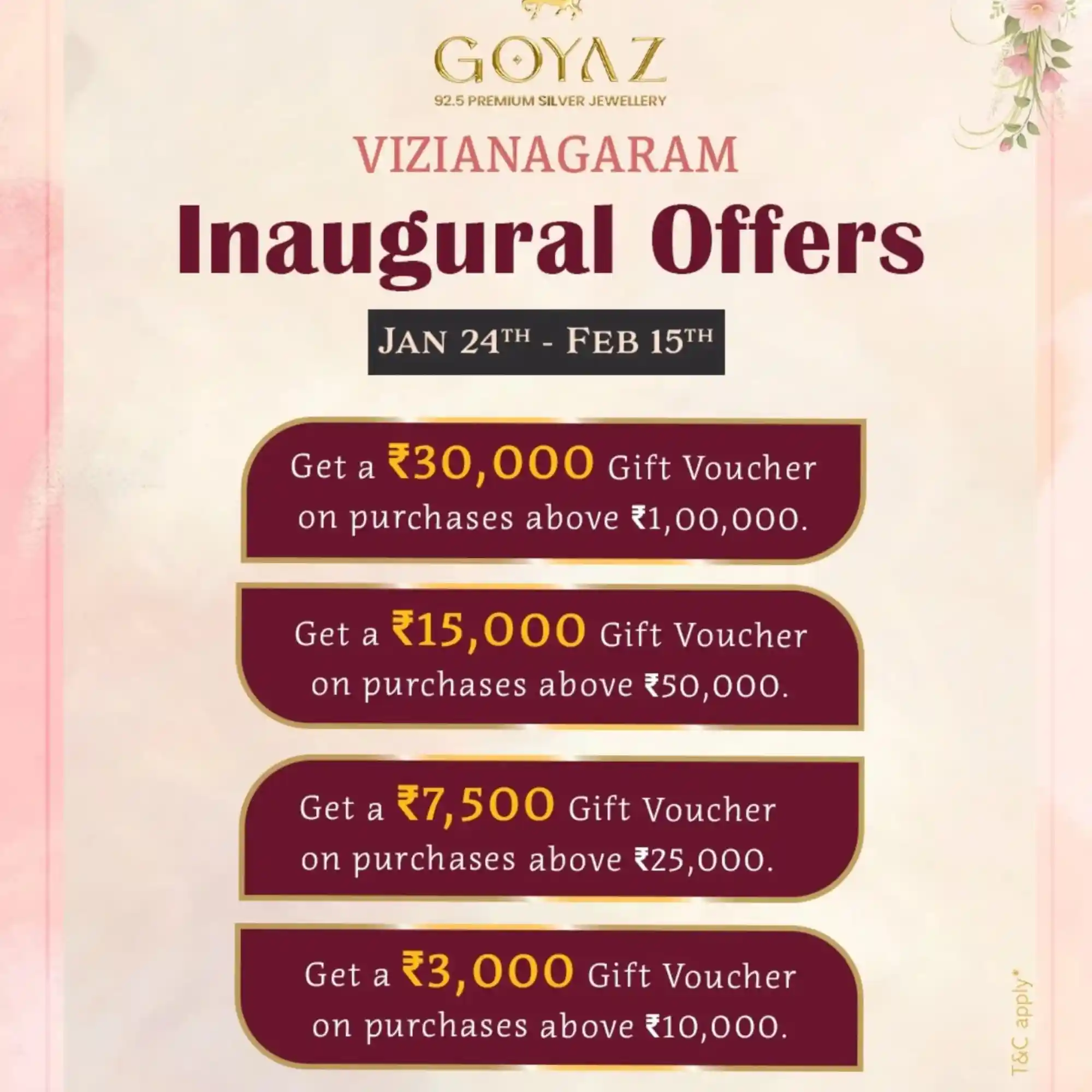 Offer image: ✨ Goyaz Vizianagaram DEALS: SAVE FLAT ₹30,000 via Gift Vouchers! 🎁