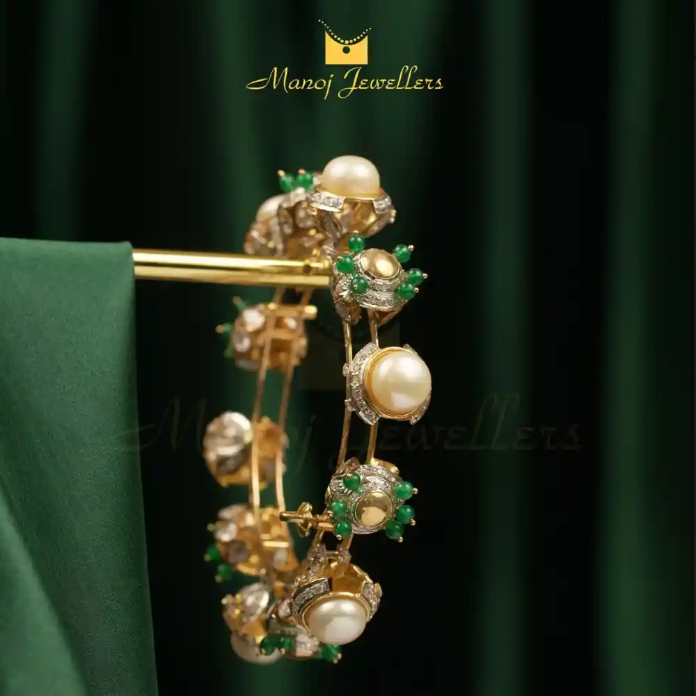 Design image - Lustrous Pearl & Emerald Polki Kada Design 💚✨