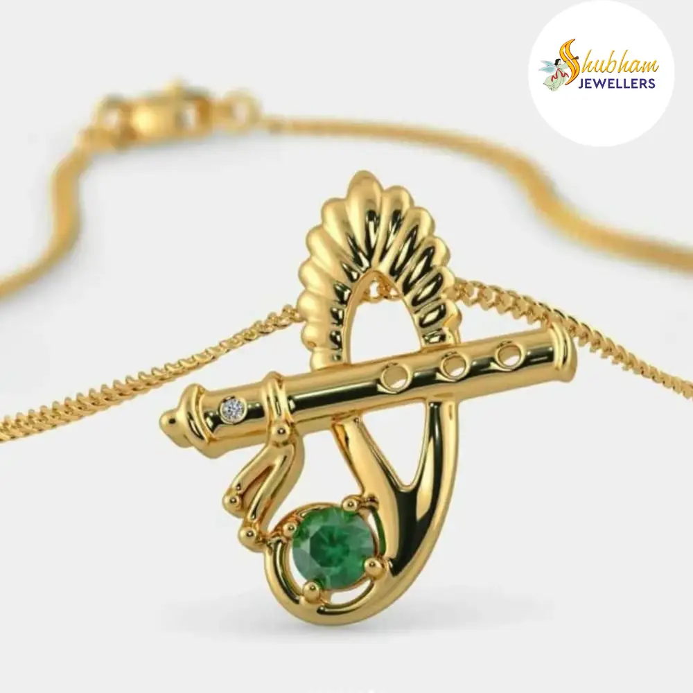 ✨Krishna Flute Gold Pendant with Emerald Charm💚