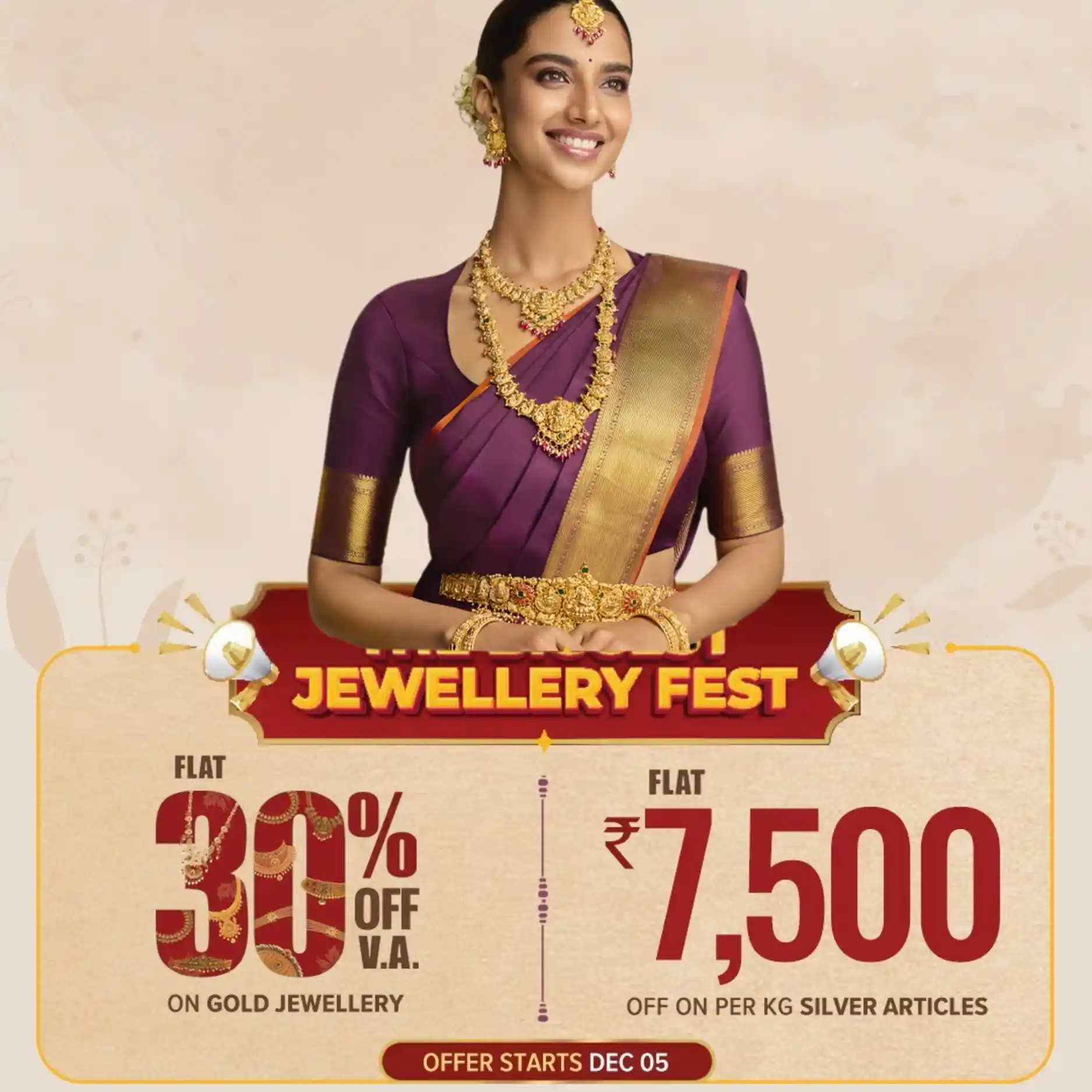 Offer image: ✨ THE BIGGEST JEWELLERY FEST! FLAT 30% OFF ON GOLD JEWELLERY! 📢🥇