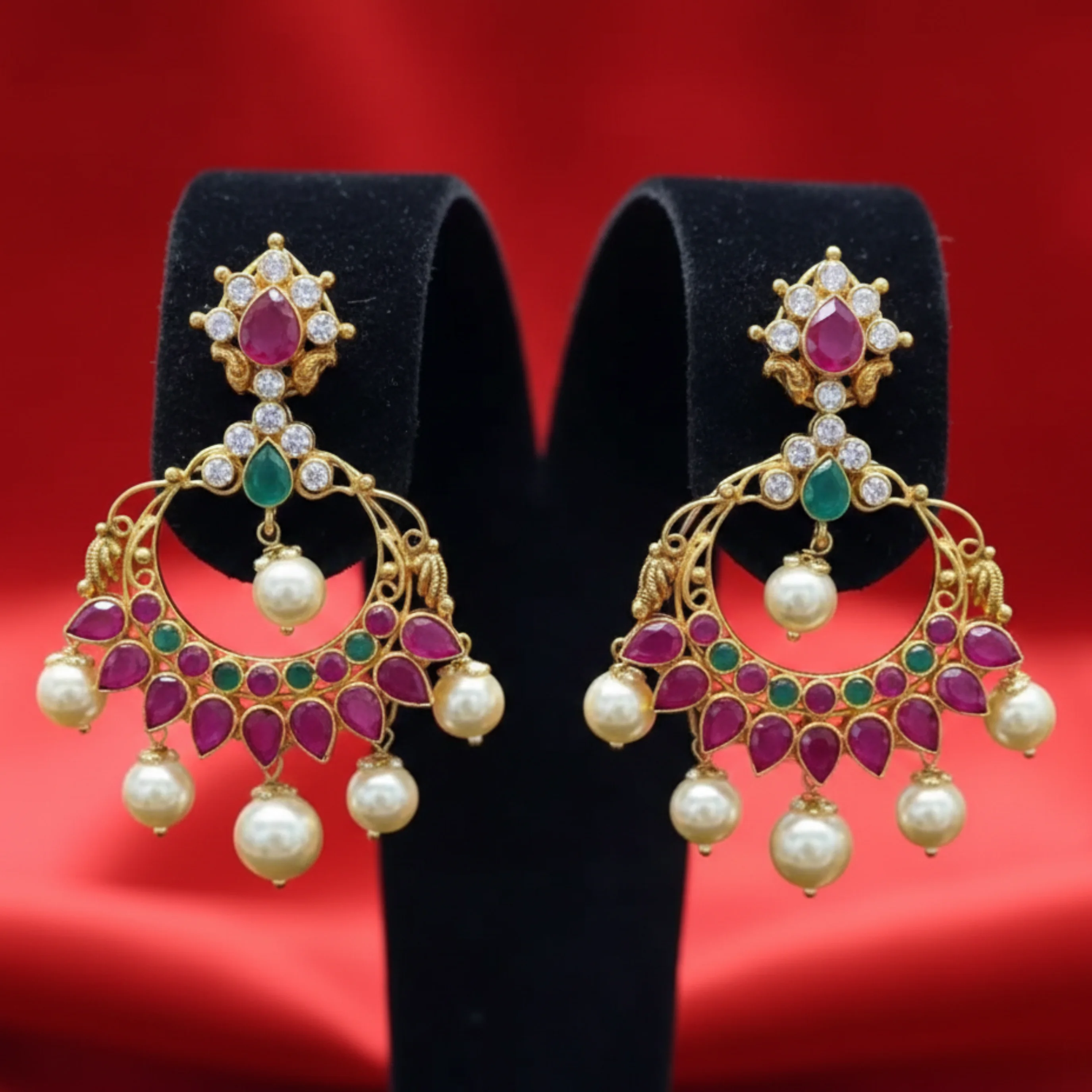 Ruby Emerald Chandbali Earrings with Pearls ✨💎