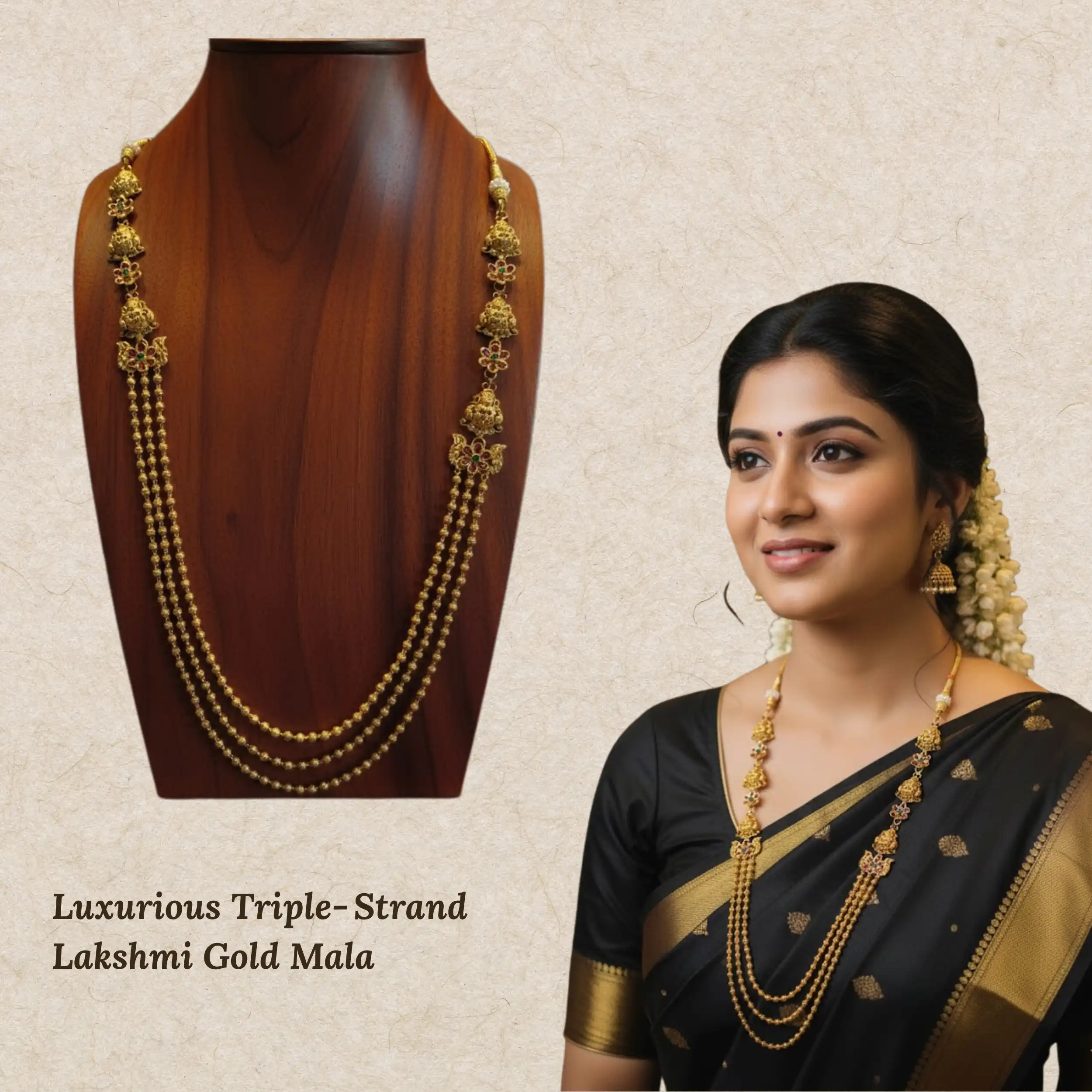 Lakshmi Temple Triple-Strand Gold Mala ✨💛