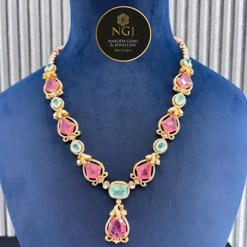 Pink & Green Gemstone Necklace ✨ Gold Detailing