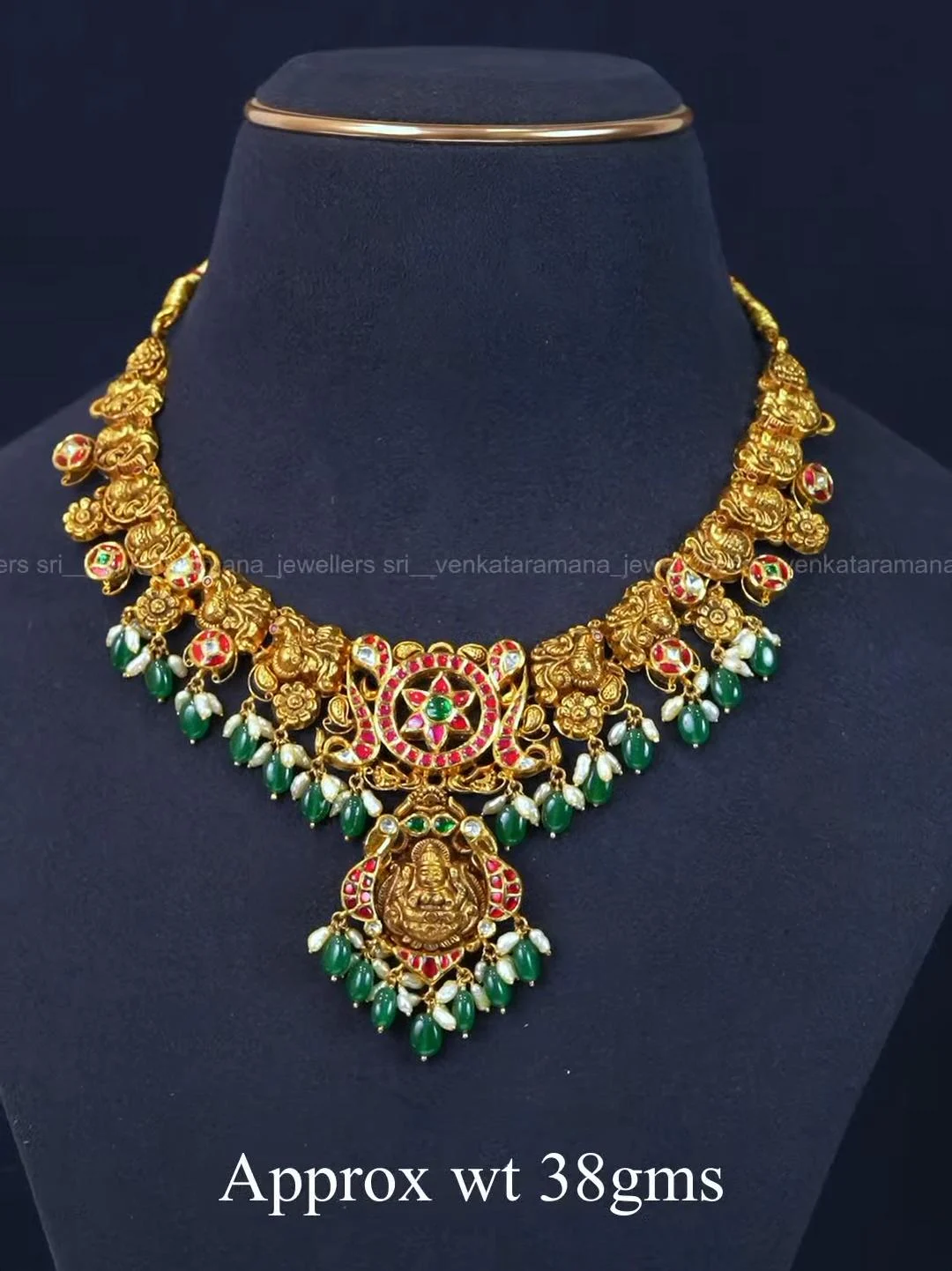 π Antique Gold Lakshmi Necklace with Red Stones, Green Bead & Pearl Drops β Approx 38 Grams π