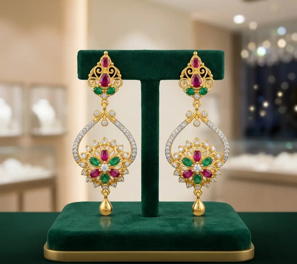 Antique Gold Floral Earrings with Rubies & Emeralds πΈπ