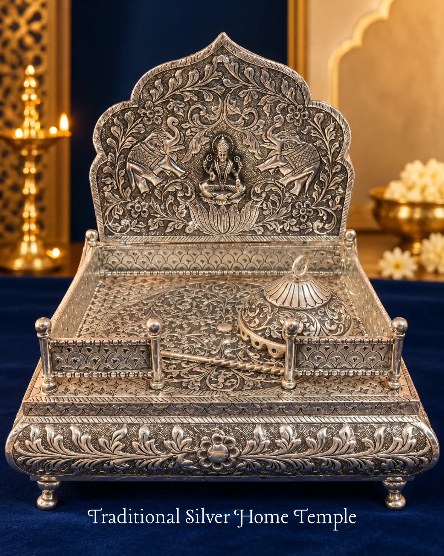 🙏 Silver Home Temple Mandir with Lotus Deity & Elephant Motifs ✨
