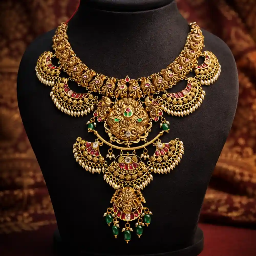 👑 Royal Temple Bridal Haram with Pearls & Stones