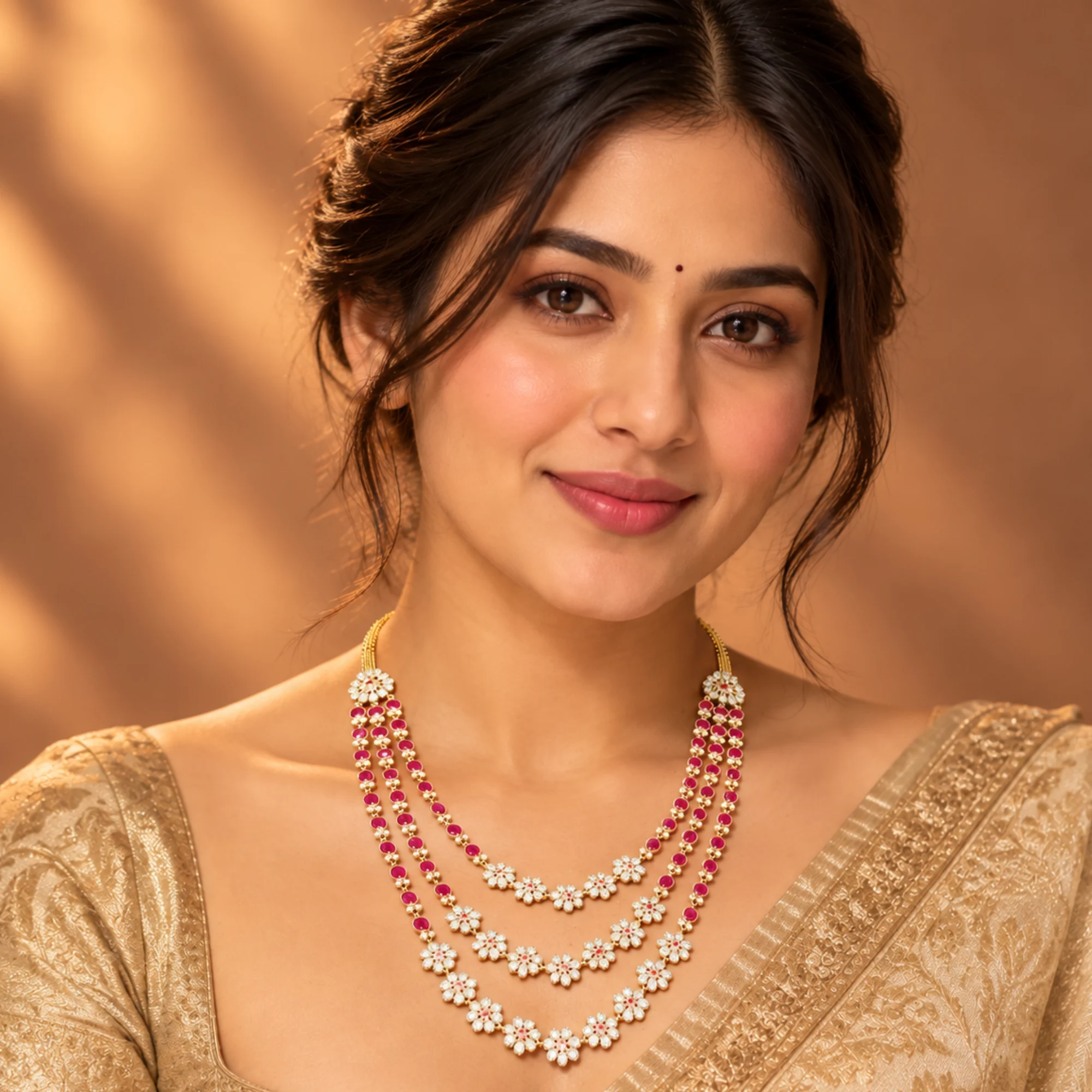 🌸 Three-Layer Gold Necklace with Ruby Floral Details ❤️