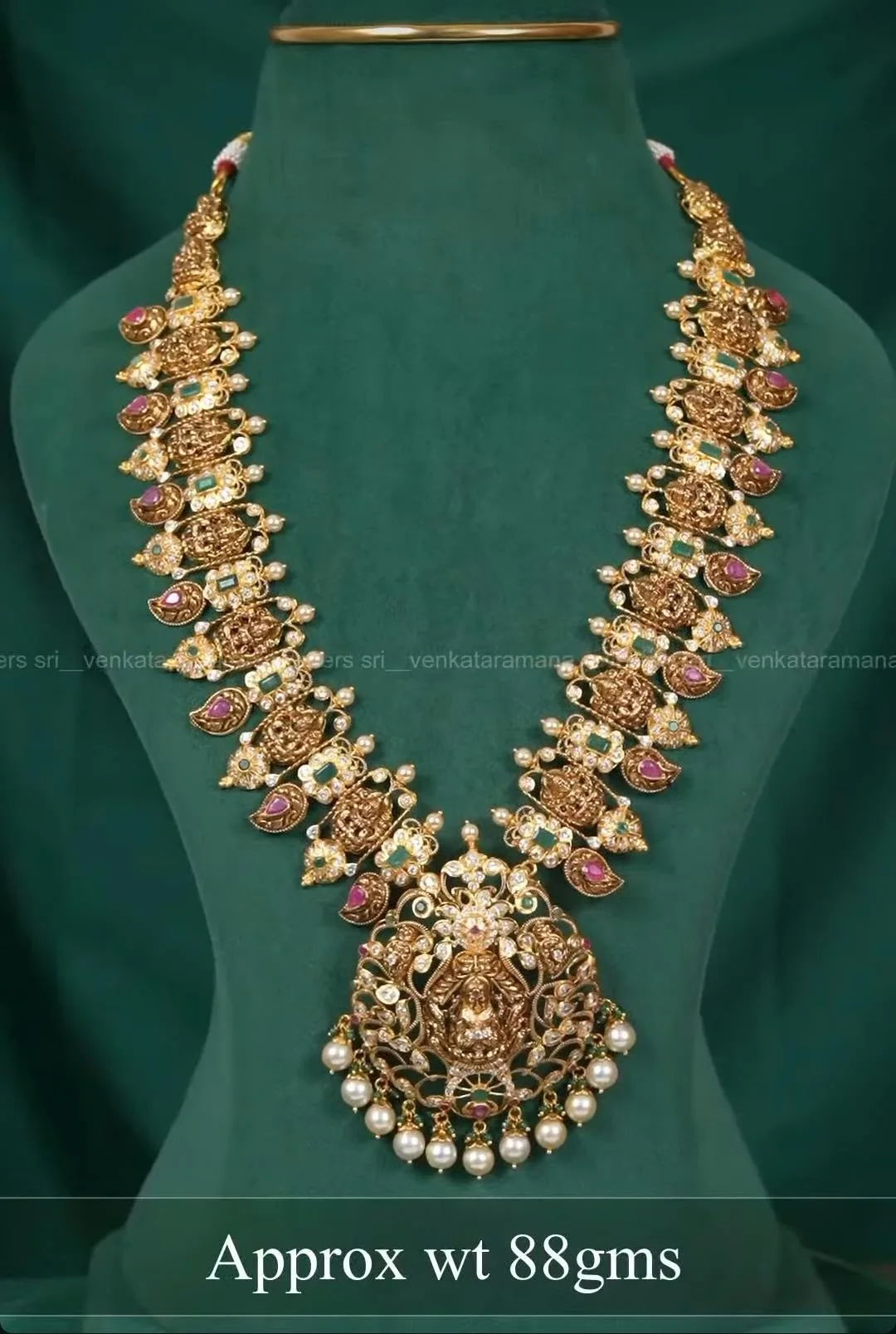 π Antique Gold Temple Long Haram with Lakshmi Pendant, Mango Motifs & Pearl Drops β Approx 88 Grams β¨
