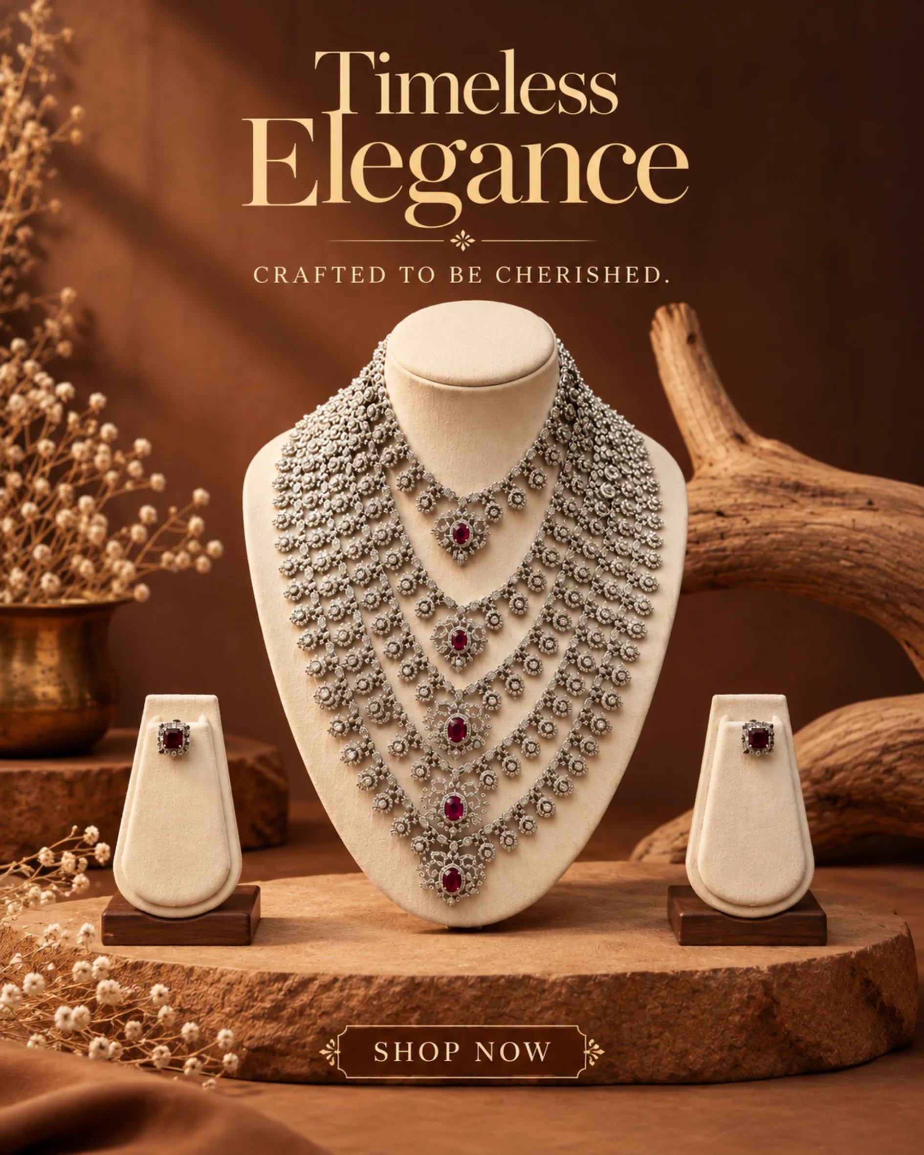 👑 Multi-Layer Cascading Necklace Set with Red Stone Centrepieces & Stud Earrings ✨