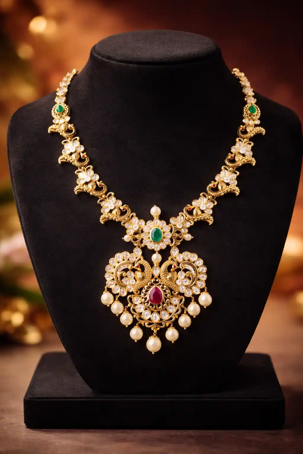 β¨ Peacock Temple Necklace with Pearls π