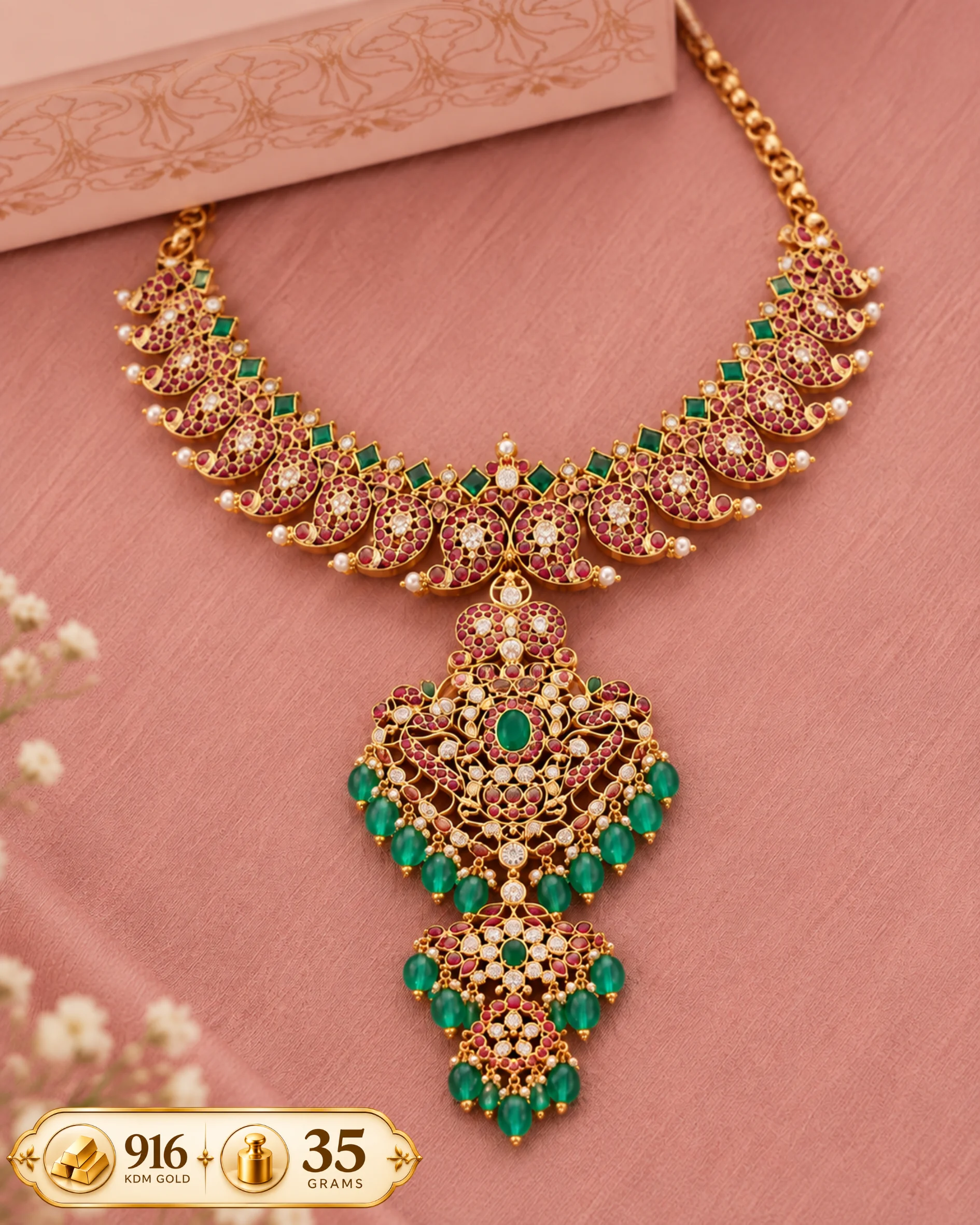 💚 916 KDM Gold Antique Necklace with Ruby Mango Motifs & Emerald Bead Pendant – 35 Grams 👑