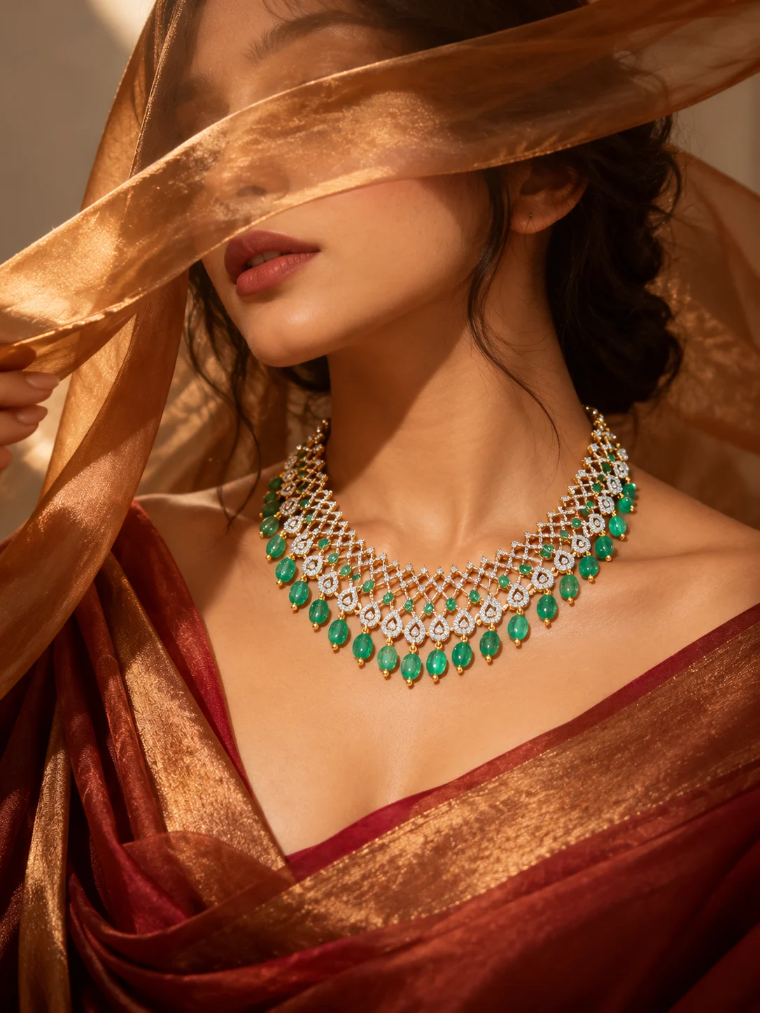 💚 Sparkling Lattice Necklace with Emerald-Green Bead Drops & Teardrop Stone Motifs ✨