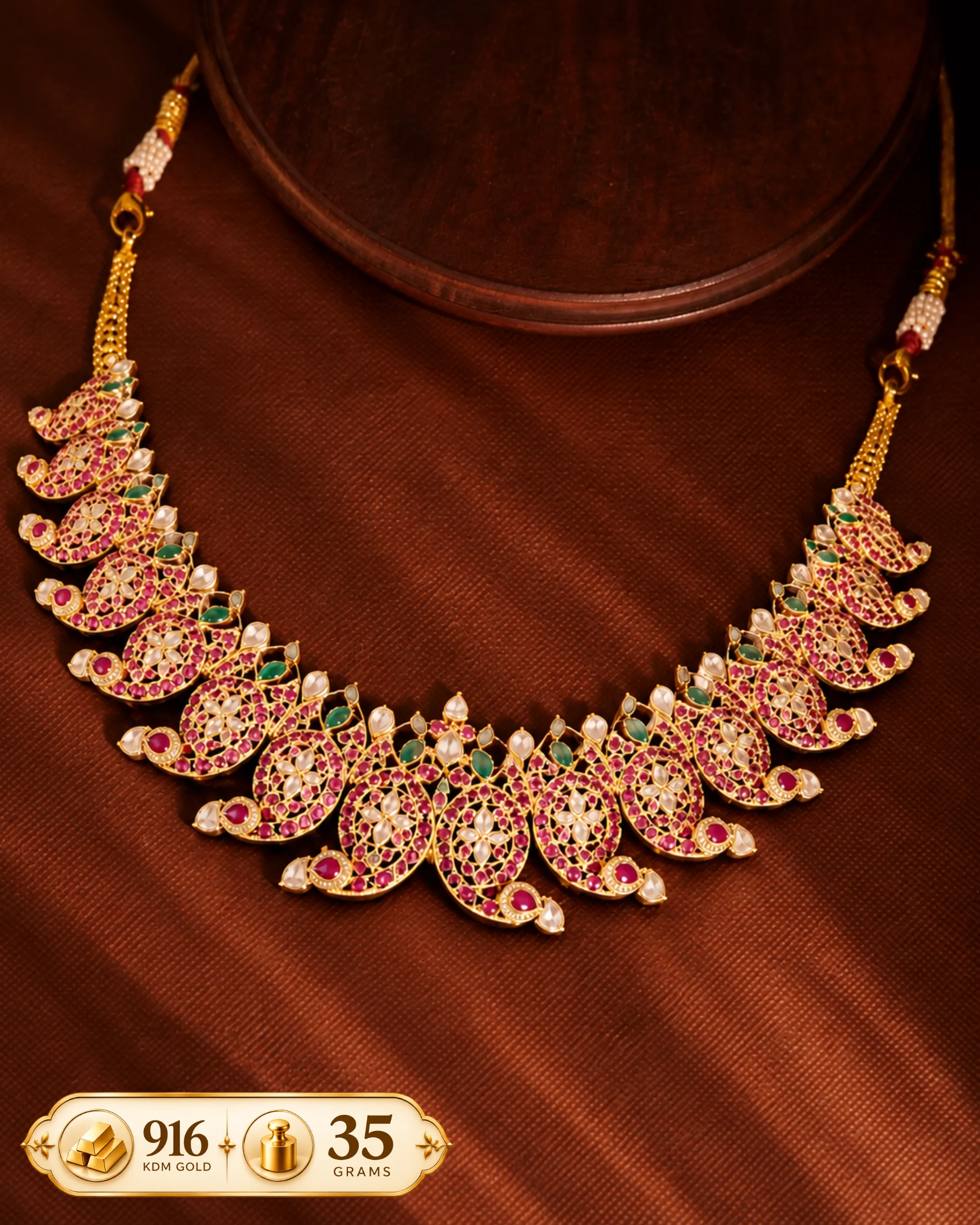 💚 916 KDM Gold Necklace with Ruby, Emerald & Pearl Mango Motif Design – 35 Grams ✨