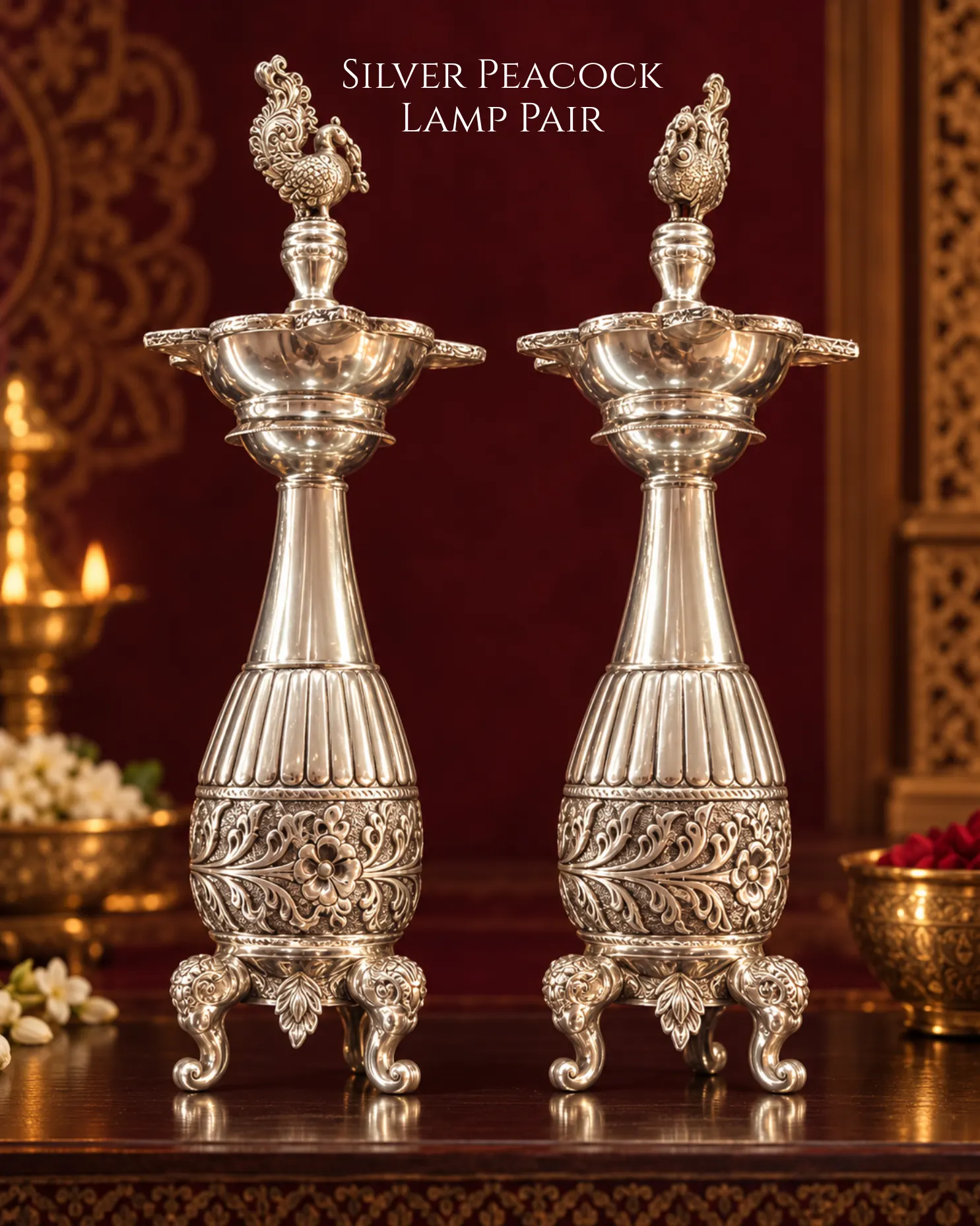 🪔 Silver Peacock Deepam Lamp Pair with Floral Engraving & Scrolled Feet ✨